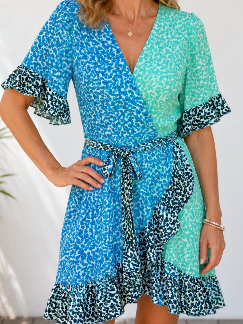 Marie Oliver Ryan Silk Mini Wrap Dress Pebble Blue Ruffle Hem  M Coquette